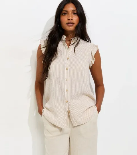 Women's Cream Cotton Striped Sleeveless Frill Shirt