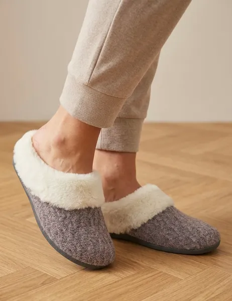Jones Bootmaker Feria Faux Fur Cuffed Full Slippers Grey