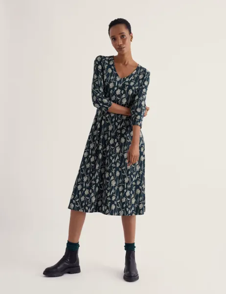 Seasalt Cornwall Cotton Rich Floral V-Neck Midi Waisted Dress Navy Mix