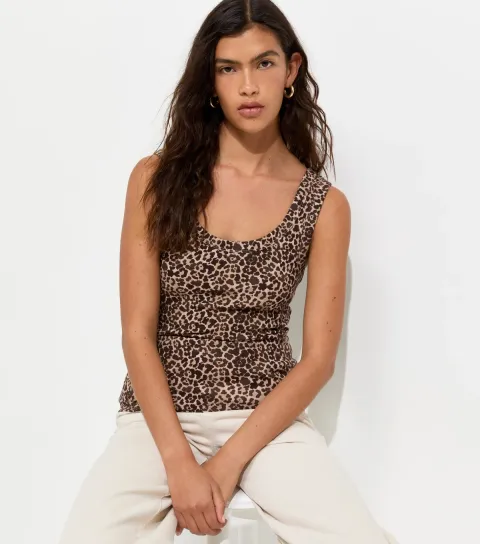 Women's Brown Cotton Rich Leopard Print Wide Trim Scoop Neck Vest Top