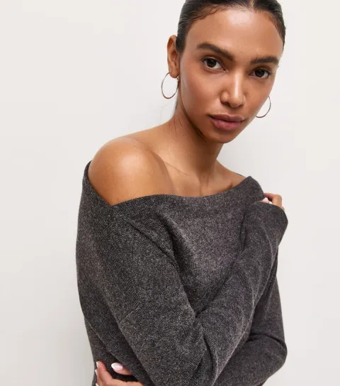 Women's Dark Grey Soft Touch Slash Neck Asymmetric Draped Top