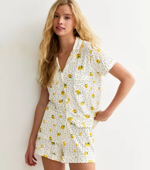 Women's White Jersey Lemon Spot Print Pyjama Set