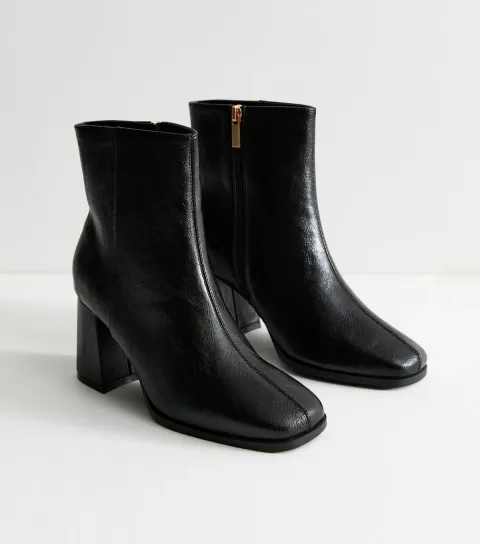 New Look Women's Black Faux Leather Block Heel Ankle Boots Vegan