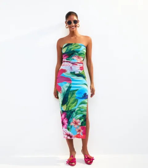 Women's Blue Tropical Print Mesh Bandeau Dress
