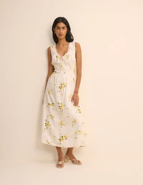 Nobody's Child Floral V-Neck Lace Trim Midi Waisted Dress White Mix