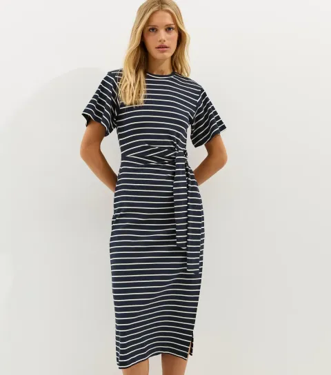 Women's Blue Stripe Tie Waist Midi Dress
