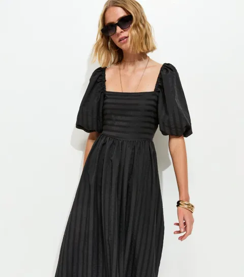 New Look Women's Black Puff Sleeve Striped Midi Dress