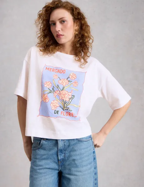 White Stuff Pure Cotton Flower Graphic T-Shirt White Mix