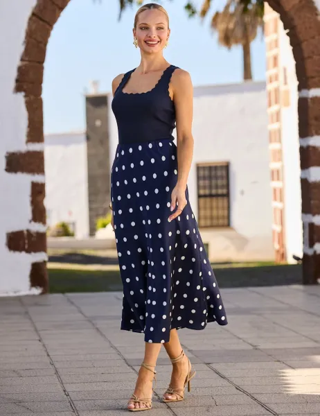 SOSANDAR Satin Spot Print Midi A-Line Skirt Navy Mix