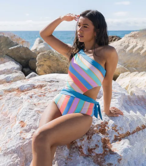 Women's Multicolour Striped One Shoulder Tie Swimsuit