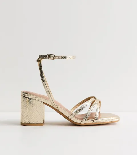 Women's Extra Wide Fit Gold Snake Embossed Strappy Block Heel Sandals Vegan