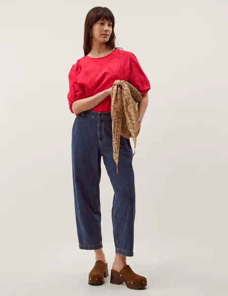 Monsoon Pure Cotton Embroidered Puff Sleeve Blouse Red
