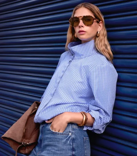 New Look Women's Bright Blue Check Cropped Sleeve Funnel Neck Shirt