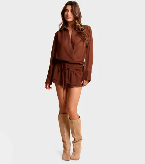 Public Desire Women's Dark Brown Long Sleeve Wrap Shirt Ruffle Mini Dress