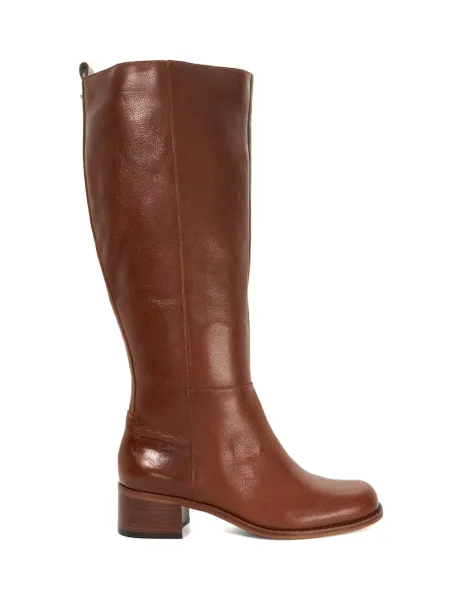 Dune London Wide Fit Leather Block Heel Knee High Boots Tan