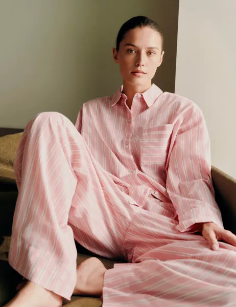 Marks & Spencer Pure Cotton Striped Pyjama Shirt Pink Mix