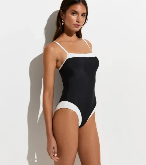 Women's Black Contrast Trim Square Neck Swimsuit