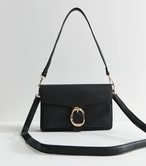 Black Pebbled Faux Leather Buckle Shoulder Bag