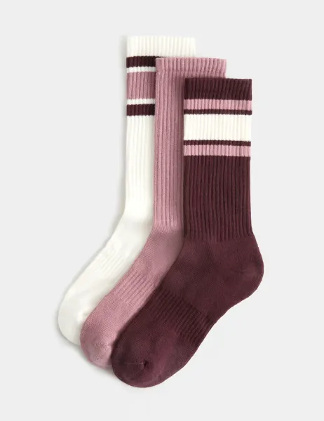 Goodmove 3 Pack Cotton Rich Striped Crew Socks Burgundy Mix