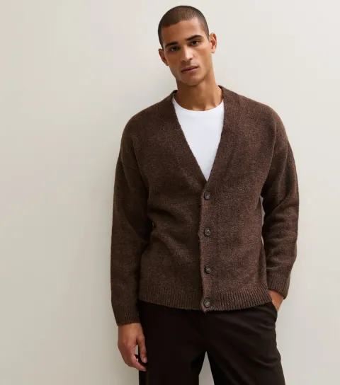 New Look Men's Dark Brown Relaxed Fit Fluffy Knit V Neck Cardigan