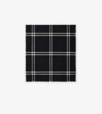 Wide Check Wool Scarf in Ink blue