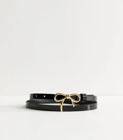 Black Faux Leather Bow Buckle Skinny Belt