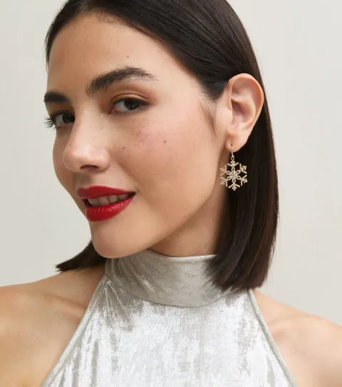 New Look Gold Tone Christmas Diamante Snowflake Drop Earrings
