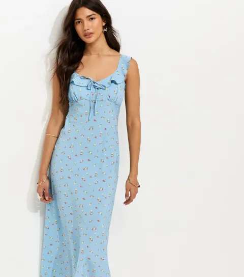 Women's Light Blue Ditsy Ruffle Strappy V Neck Midi Dress