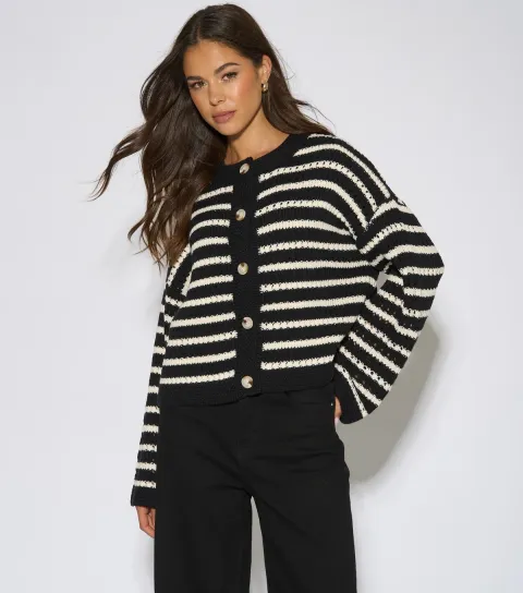 Gini London Women's Black Stripe Cable Knit Cropped Cardigan