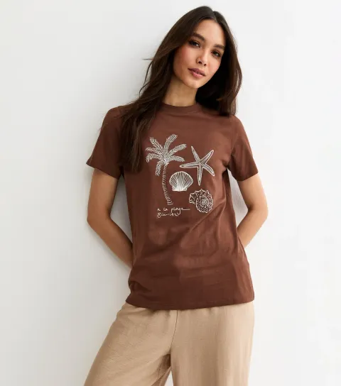 Women's Dark Brown Palm Tree and Shell Print T-Shirt