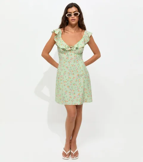 Women's Green Crepe Ditsy Print Ruffle Trim Mini Dress