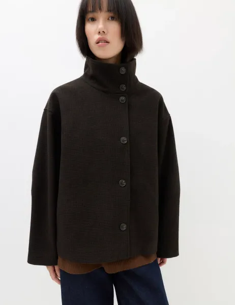 Marks & Spencer Checked Funnel Neck Short Coat with Wool Brown Mix