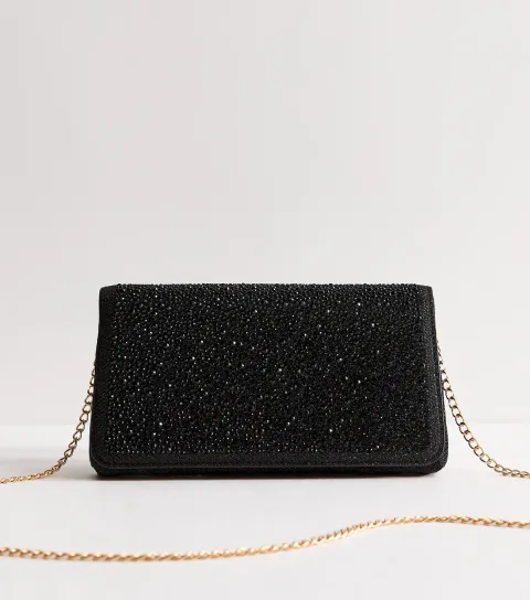 New Look Black Diamante Embellished Chain Shoulder Bag
