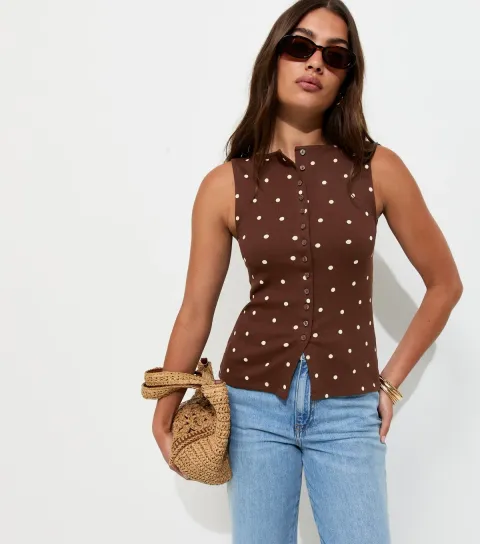 Women's Brown Polka Dot Button Up Tank Top