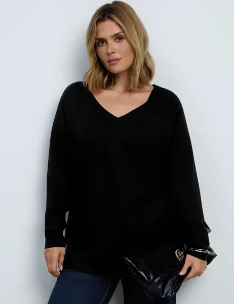 Live Unlimited London Pure Cotton V-Neck Longline Top Black