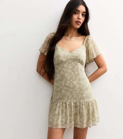 Women's Green Daisy Print Tiered Hem Chiffon Mini Dress