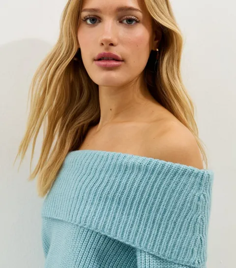 Women's Blue Ribbed Bardot Knit Jumper