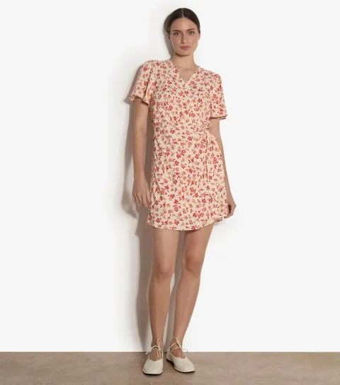 Women's Cream Floral Wrap Mini Dress
