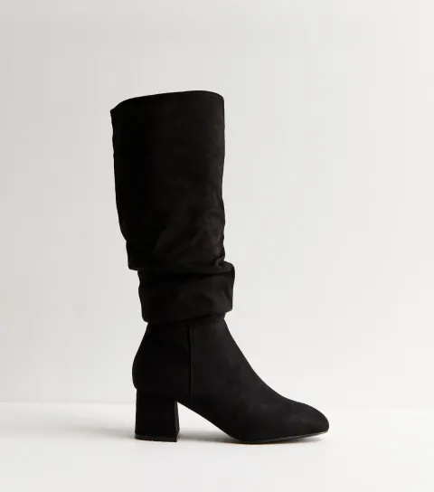 Women's Black Faux Suede Ruched Knee High Boots Vegan
