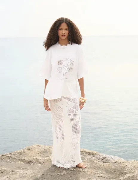 4th & Reckless Pure Cotton Shell Print Relaxed T-Shirt Cream