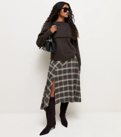 Women's Petite Brown Check Hanky Hem Midi Skirt