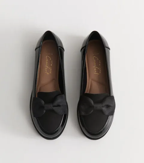 Women's Wide Fit Black Faux Patent Leather Bow Loafers Vegan