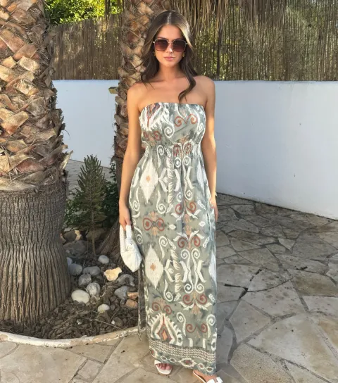 Women's Multicolour Strapless Printed Midi Dress