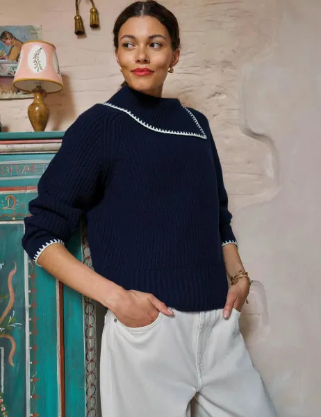 White Stuff Wool Rich Collared Jumper Dark Navy