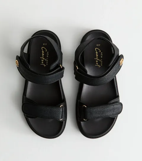 Women's Black Faux Leather Raffia Strap Sandals Vegan