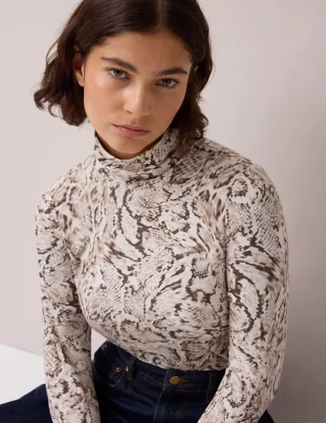 RO&ZO Snake Print Roll Neck Slim Fit Top Natural Mix