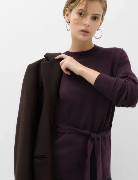 Marks & Spencer Tie Front Crew Neck Relaxed Jumper Dark Aubergine