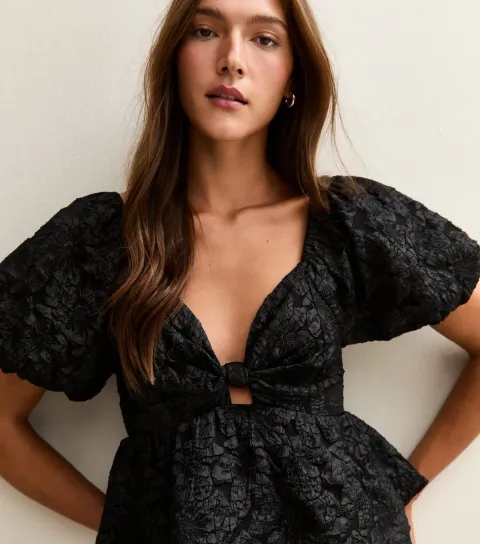 Women's Black Puff Sleeve Bow Top