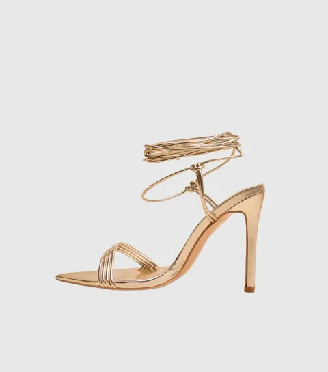 Women's Gold Merlot Faux Leather Wraparound Stiletto Heel Sandals