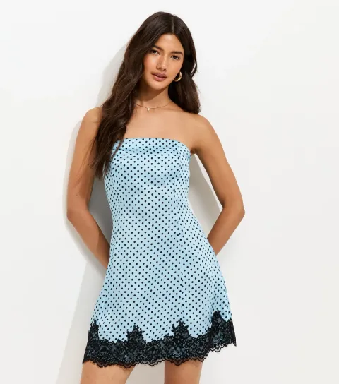 Women's Blue Satin Polka Dot Lace Trim Mini Dress